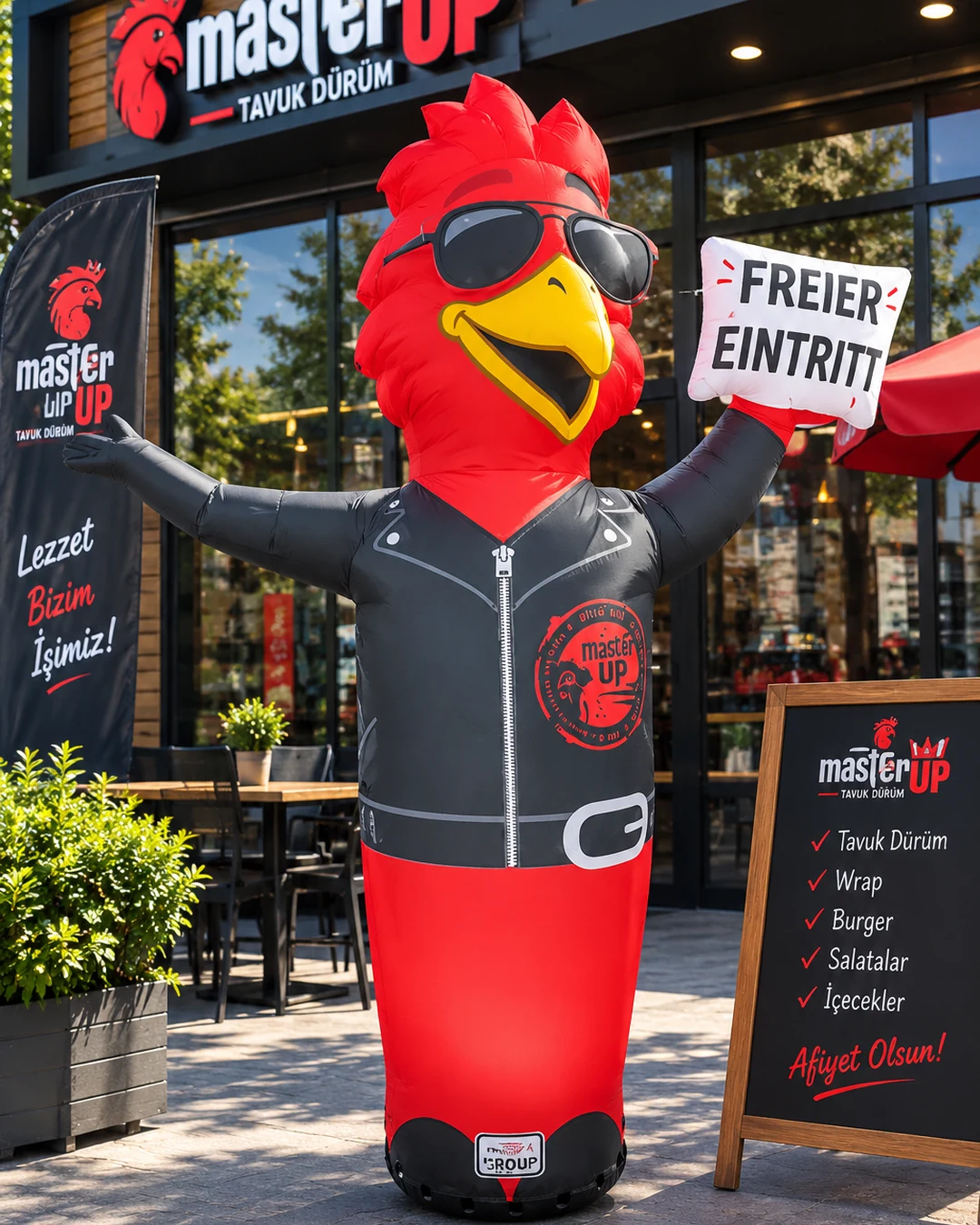 Master UP — Mascota gallo con mensaje